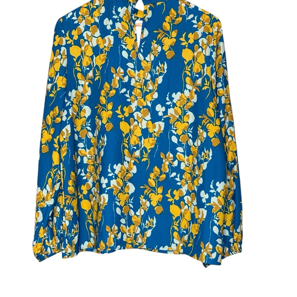 Tres Jolie Blue Yellow Floral Blouse Womens M Long Sleeve Boho Cottagecore